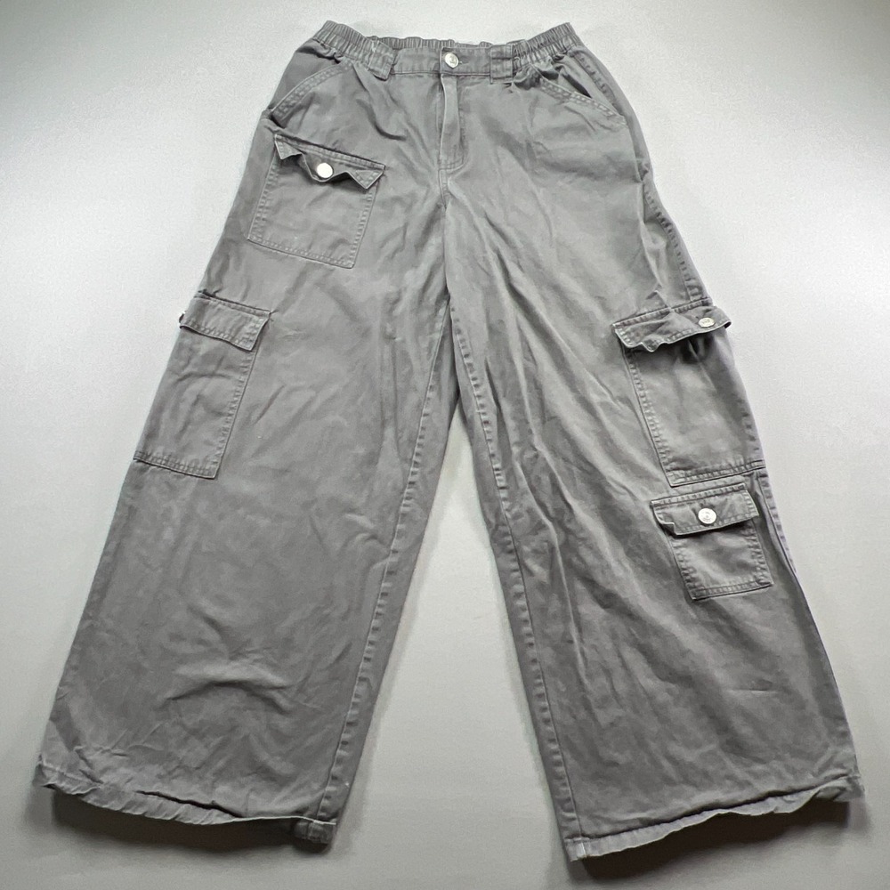 Madden Nyc Cargo Pants Womens M Gray Cotton Mid Rise Wide Leg Zip Fly Utility